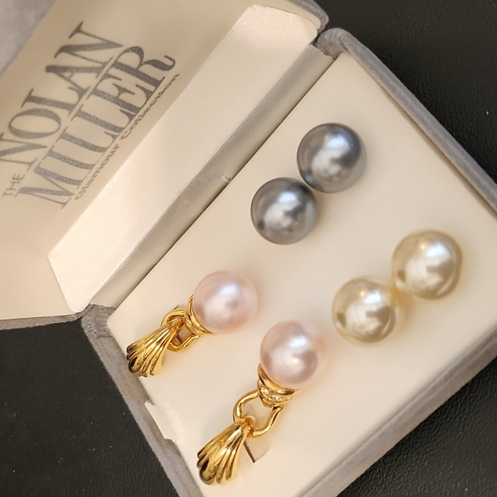 NIB  Nolan Miller interchangeable faux pearl drop Earring set pierced